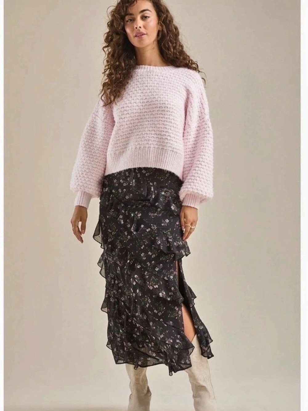 NWT! Altr’d State Floral Ruffle Midi Skirt in Black & Pink XL